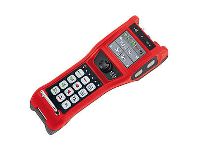 Pushbutton device TGE-112S Remote control TGE-112S with 16 single-stage push buttons, optional lighting, thumb joysticks, 2.8" color display, and touchless safety switch.