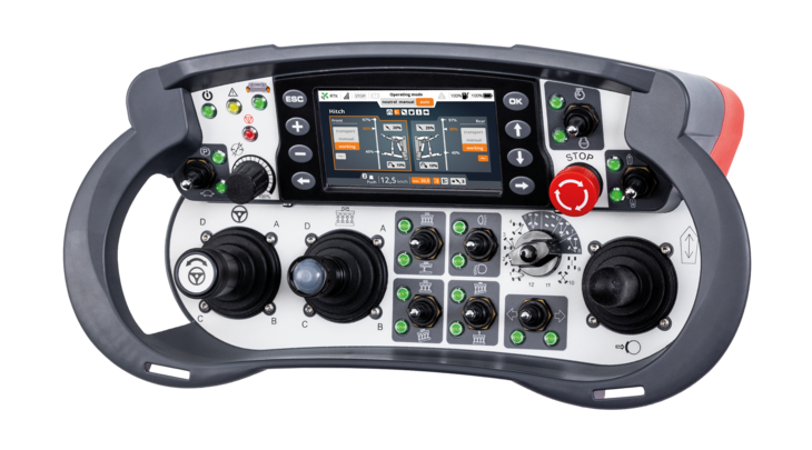 Photo of the T7 joystick device, highlighting its ergonomic design and controls for precise control applications.